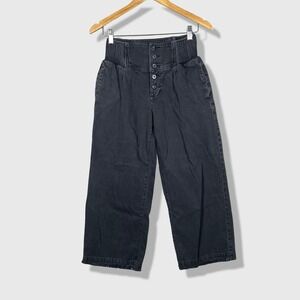 Free People Wide Leg Pants Womens 25 Black Boho Smocked Waist Button Fly